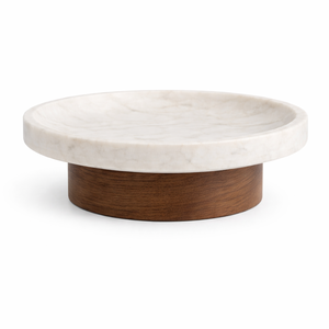 Plateau de service en marbre blanc avec base en bois noir, plateau rond surélevé pour la présentation sur table, idéal pour les repas et la décoration de maison de luxe - Product Image 2