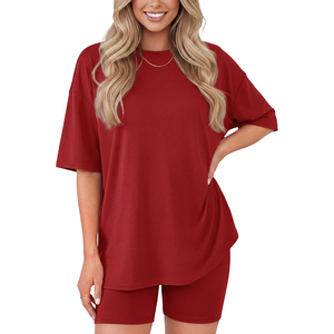 Ensemble 2 pièces noir pour femme, haut ample à col rond et manches courtes avec short au-dessus du genou, en coton tricoté, décontracté, pour le printemps et l'été - Product Image 2