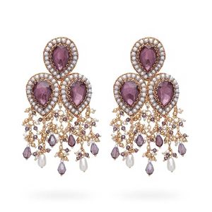 Boucles d'oreilles pendantes pour femmes, plaquées or, en alliage de zinc, zircon, imitation perle rose, style bohème, pour mariage - Product Image 2