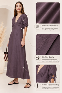 Boutique Quality Linen Maxi Dress Deep V Neck <b>Three</b> Quarter Sleeve Slit Front Regular Bohemian Eco-Friendly Straight Silhouette - Product Image 5
