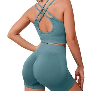 Custom Windproof Stand Collar Solid Two Piece Yoga Shorts Set Sportswear for Women Gym Fitness <b>Seamless</b> <b>Leggings</b> Bra - Product Image 5
