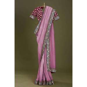 DESIGNER TABBY <b>ORGANZA</b> <b>SILK</b> EMBROIDERY SEQUENCE WORK LACE BORDER SAREE WITH UNSTTICHED BLOUSE - Product Image 1