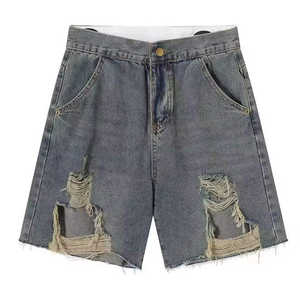 Wholesale Customized Jeans Shorts Vintage Mid Waist Distressed Faded Acid Wash Rhinestone Jorts Denim Shorts <b>Men</b> OEM Service - Product Image 5