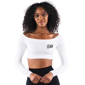 Top Corto Blanco de Manga Larga con Hombros Descubiertos para Mujer, con Logotipo Personalizado en la Parte Delantera, Tejido de Punto, Spandex, Poliéster, Ropa Deportiva Informal - Product Image 1