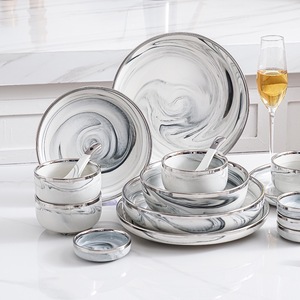 Meal <b>Set</b> >10-Person <b>White</b> Marble-Inspired Porcelain Dinnerware with Silver Rim BPA Free Durable Home Gifting - Product Image 6