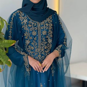 Grosir Setelan Mewah 2 Potong Wanita Muslim Sederhana Elegan Chiffon Polos Berhias Manik-Manik Gaun Panjang A-Line untuk Pesta Pernikahan - Product Image 1