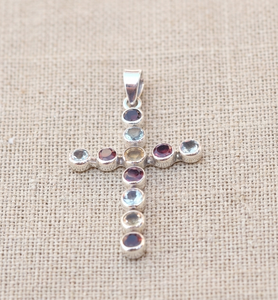Colgante de Cruz de Plata de Ley 925 con Topacio Azul, Granate y Citrino, Joyería Religiosa Cristiana, Chapado en Oro Rosa - Product Image 3