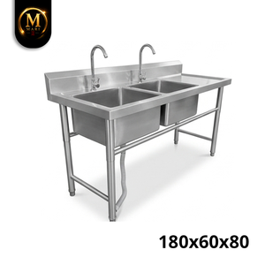 Professional Double Bowl <b>Sink</b> Right Platform 0.8mm Thickness Stainless Steel Freestanding Commercial Kitchen <b>Drainer</b> Table - Product Image 4