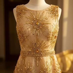 Robe de cocktail de luxe dorée à sequins pour femme, motif soleil, robe de soirée avec ourlet en plumes, vente en gros, tenue de soirée élégante OEM/ODM - Product Image 1