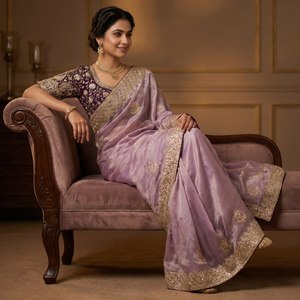 Fendy <b>Satin</b> <b>Saree</b> with Heavy Embroidery Sequins Border Premium Fully Stitched Embroidered Blouse Wedding Party Wear <b>Saree</b> - Product Image 5