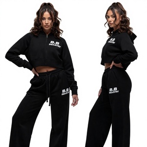 Survêtement à capuche zippé court en molleton de coton bleu marine pour femme Premium B.B INDUSTRY, ensemble deux pièces assorti, streetwear d'hiver - Product Image 3