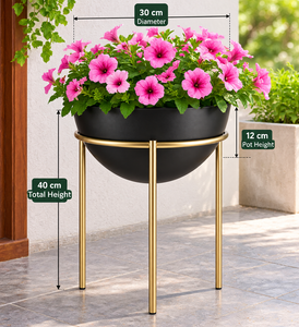 Maceta Moderna de Metal Negro con Elegante Soporte Dorado, Maceta Redonda Contemporánea, Minimalista, para Interiores, Exteriores, Jardín y Hogar - Product Image 5