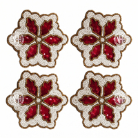 Ensemble de dessous-de-verre festifs en forme de flocon de neige perlé, motif Poinsettia rouge et blanc, pour boissons, décoration de table de Noël, tasses à café et à thé, fournisseur en gros