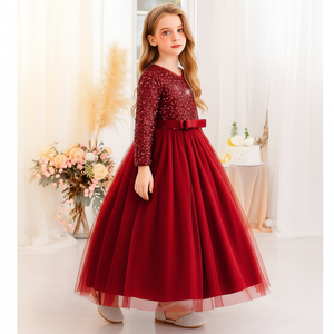 Vestido de Princesa de Terciopelo Rojo Premium con Lentejuelas Bordadas y Cuello en V para Niñas, Vestido de Fiesta, Venta al Por Mayor, OEM, ODM - Product Image 1