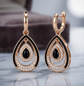 Rose Gold Teardrop Dangle Earrings Alloy <b>Drop</b> Earrings Black Stone Crystal Halo Jewelry for Women - Product Image 2