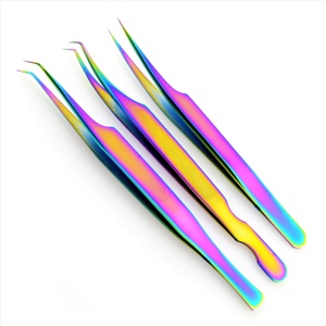 แหนบแยกขนตาสแตนเลสหลายชุดเคลือบพลาสม่าสีรุ้งโค้งตรงแบบมืออาชีพ - Product Image 6