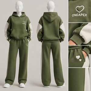 Ensemble de survêtement décontracté pour femme, vert olive et blanc, avec sweat à capuche oversize et pantalon de jogging à jambes larges, tenue deux pièces - Product Image 3