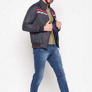 Blouson bomber gris foncé pour homme, col montant, fermeture éclair, décontracté, en polyester, coupe-vent, pour l'automne, coupe classique, couleur unie - Product Image 5