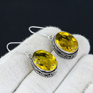 Vintage Oval Cut Lemon Topaz Drop <b>Earrings</b> Antique Silver Plated Women's Jewelry - Product Image 4