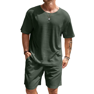 Ensemble T-shirt et short gaufré pour homme, vert uni, col rond, décontracté, respirant, en coton, deux pièces, vente en gros - Product Image 1