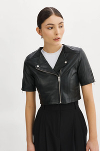 Veste en cuir noir originale à coupe ajustée et courte de marque personnalisée Fabrication Échantillon gratuit Boutique en ligne Vestes pour femmes - Product Image 3