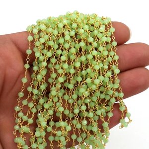 Chaîne de chapelet en perles de préhnite verte plaquée or, 3 mm, facettée, enveloppée de fil, pour la fabrication de bijoux - Product Image 1