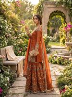 Robe Anarkali Sharara en soie Boutique JMC avec travail de broderie à la main et dupatta brodée