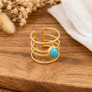 Anillo de Oro de 18k Chapado en Oro, Elegante, Ancho, con Turquesa, Ajustable, Minimalista, con Diseño de Jaula, Moderno, Joyería de Moda para Mujer - Product Image 4