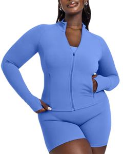 Veste de yoga personnalisée OEM pour femme, manches raglan, grande taille, fermeture éclair intégrale, col montant, trous pour les pouces, coupe ajustée, respirante, extensible dans les quatre sens - Product Image 1