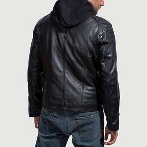 Blouson moto à capuche en cuir véritable noir pour homme, fermeture éclair, coupe classique, style automne, couleur unie, vêtement d'extérieur - Product Image 3