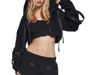 <b>Women</b>’s Cropped <b>Zip</b>-<b>Up</b> Hoodie with Adjustable Strap Details Fashion Streetwear Pullover <b>Jacket</b> Custom OEM/ODM - Product Image 2