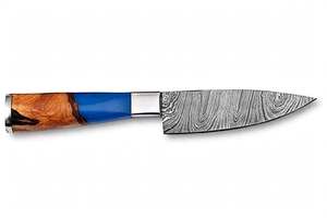 Couteau de chef artisanal en acier Damas, manche hybride en résine bleue et bois de burl, couteau utilitaire de préparation - Product Image 2