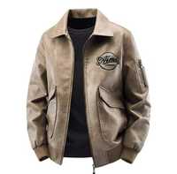 Veste en cuir véritable pour homme, coupe slim, imperméable, style motard, col montant, fermeture éclair, design avec patch brodé, couleur unie