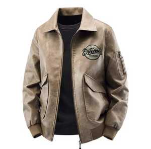Veste en cuir véritable pour homme, coupe slim, imperméable, style motard, col montant, fermeture éclair, design avec patch brodé, couleur unie - Product Image 4