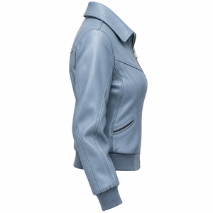 Blouson Bomber en Cuir Véritable Bleu Ardoise pour Femme, Col Étendu, Bordure Côtelée, Fermeture Éclair, Vêtement d'Extérieur Décontracté pour Femme, Fabricant - Product Image 3