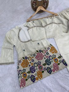 Ensemble Salwar en soie beige brodé de fleurs pour femmes, Kurta et pantalon Palazzo, tenue élégante décontractée pour les fêtes, vêtements sur mesure - Product Image 6