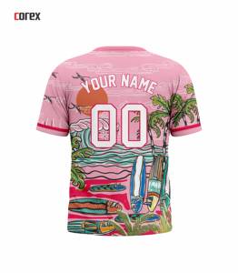 เสื้อคอเร็กซ์สีชมพูพิมพ์ลายทรอปิคอลแขนสั้นคอกลมลายฮาวาย - Product Image 2