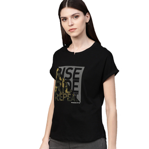 Women's Black Cotton T-Shirt Rise Ride <b>Repeat</b> Solid Short Sleeve O-Neck Casual Slim Fit Summer High Quality Quick Dry Breathable - Product Image 2