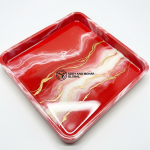 Ensemble de plateaux de service en résine design – Finition marbre rouge brillant et beige, plateaux décoratifs carrés - Product Image 1