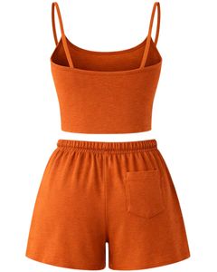 Custom Orange Women Camisole And Shorts Set Summer Two Piece Outfit Cotton Blend Crop <b>Top</b> Drawstring Shorts Casual Lounge Set - Product Image 2