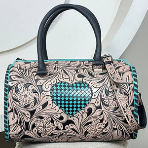 Hand-Tooled Cow Leather Large Speedy Duffel <b>Bag</b> with Turquoise Checkered Heart Western Design Custom <b>Travel</b> Handbag <b>for</b> Women's - Product Image 4