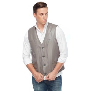 <b>Men's</b> Gray V-Neck Leather Look <b>Vest</b> Single Breasted Button Closure Smart Casual Outerwear Regular Fit <b>Men</b> Leather <b>Vest</b> - Product Image 5