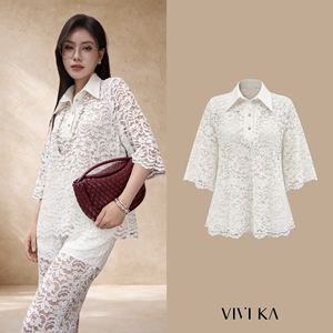 Women's Floral Lace Blouse Turn-down Collar Cap Sleeve Sheer <b>Layer</b> Loose Fit Spring Summer Elegant <b>Top</b> OPALINE - Product Image 1