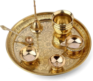 Juego de Thali de Metal Premium para Pooja con Grabado Floral Intrincado, Bandeja Redonda Dorada para Oración con Campana Decorativa y Cuencos Kalash - Product Image 6