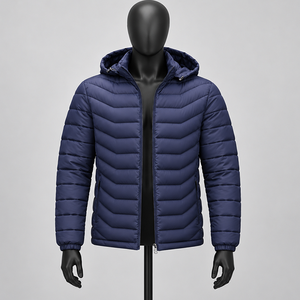 Chaqueta Acolchada con Capucha para Hombre, Cuello Alto, 100% Nailon, Tela de Lona, Color Liso, Ligera, Transpirable, Rellena de Algodón, Cierre Frontal con Cremallera - Product Image 1