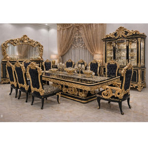 Juego de Comedor de Madera de Teca Moderno y Lujoso de Estilo Barroco Europeo Negro Dorado para 10 Personas - Product Image 1