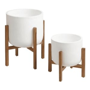 Modern Concrete Flower <b>Pot</b> With Wooden <b>Stand</b> Minimalist Indoor Planter For Green Plants - Product Image 1