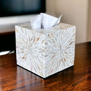 Boîte à mouchoirs en nacre, support décoratif pour mouchoirs, cube fait main avec incrustation florale pour la maison, l'hôtel, la salle de bain - Product Image 1