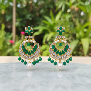 Gold Plated Geometric Chandelier Earrings with Pearl and Diamond Accents - Product Image 3