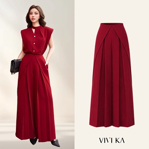 Pantalon large à taille haute rouge pour femme, plis superposés à l'avant, longueur intégrale, couleur unie, style bureau, MIRANDA - Product Image 1